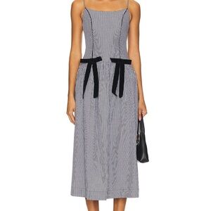 Damson Madder Persephone Midi Dress Black & White Gingham with Velvet Bows
